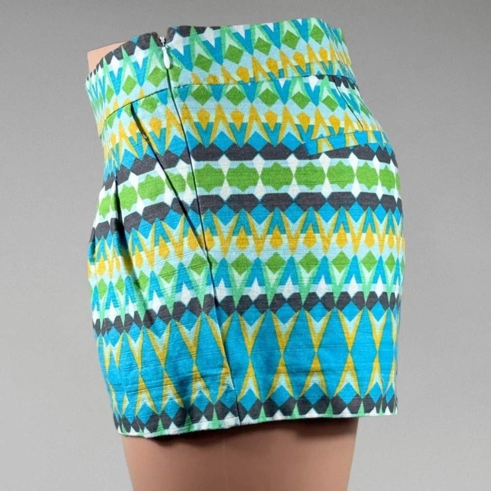 J.Crew Women Blue Green Geometric Diamond Print Pleated High Rise Shorts Size 6